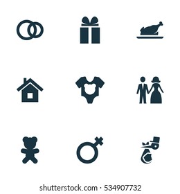 Set Of 9 Editable Family Icons. Includes Symbols Such As Woman Sign, Married, Gift And More. Can Be Used For Web, Mobile, UI And Infographic Design.