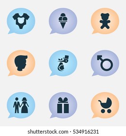 Set Of 9 Editable Family Icons. Includes Symbols Such As Man Emblem, Perambulator, Cold Dessert And More. Can Be Used For Web, Mobile, UI And Infographic Design.