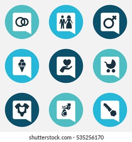Set Of 9 Editable Family Icons. Includes Symbols Such As Lock, Child, Married And More. Can Be Used For Web, Mobile, UI And Infographic Design.