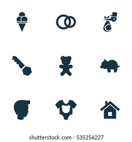 Set Of 9 Editable Family Icons. Includes Symbols Such As Lock, Toy, Boy And More. Can Be Used For Web, Mobile, UI And Infographic Design.