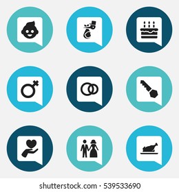 Set Of 9 Editable Family Icons. Includes Symbols Such As Married, Patisserie, Lock And More. Can Be Used For Web, Mobile, UI And Infographic Design.