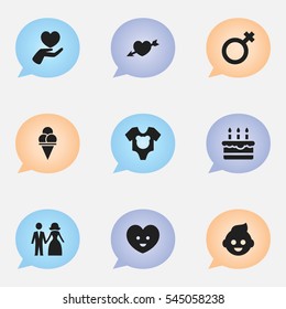 Set Of 9 Editable Family Icons. Includes Symbols Such As Love, Patisserie, Baby And More. Can Be Used For Web, Mobile, UI And Infographic Design.