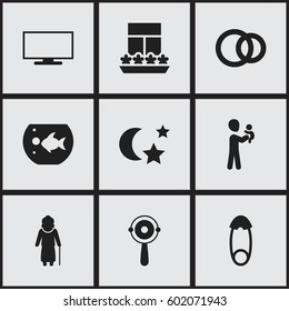 Set Of 9 Editable Family Icons. Includes Symbols Such As Monitor, Fish Tank, Dad And More. Can Be Used For Web, Mobile, UI And Infographic Design.