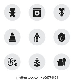 Set Of 9 Editable Family Icons. Includes Symbols Such As Girl, Toy, Grandpa. Can Be Used For Web, Mobile, UI And Infographic Design.
