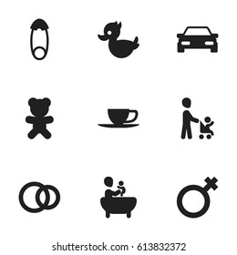 Set Of 9 Editable Family Icons. Includes Symbols Such As Tea, Fasten, Tub And More. Can Be Used For Web, Mobile, UI And Infographic Design.