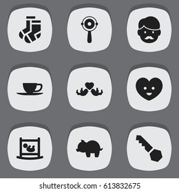 Set Of 9 Editable Family Icons. Includes Symbols Such As Tea, Rattle, Lock And More. Can Be Used For Web, Mobile, UI And Infographic Design.