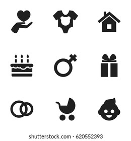 Set Of 9 Editable Family Icons. Includes Symbols Such As Heart, Bodysuit, Hoop And More. Can Be Used For Web, Mobile, UI And Infographic Design.