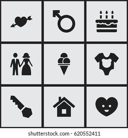 Set Of 9 Editable Family Icons. Includes Symbols Such As Married, Lock, Patisserie And More. Can Be Used For Web, Mobile, UI And Infographic Design.