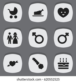 Set Of 9 Editable Family Icons. Includes Symbols Such As Perambulator, Lock, Married And More. Can Be Used For Web, Mobile, UI And Infographic Design.