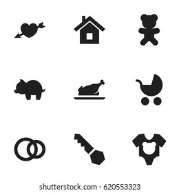 Set Of 9 Editable Family Icons. Includes Symbols Such As Fried Chicken, Love, Perambulator And More. Can Be Used For Web, Mobile, UI And Infographic Design.