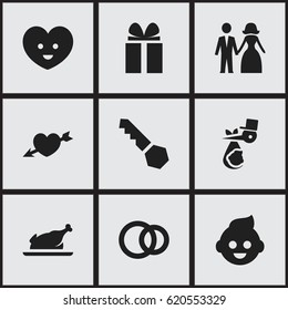 Set Of 9 Editable Family Icons. Includes Symbols Such As Lock, Gift, Love And More. Can Be Used For Web, Mobile, UI And Infographic Design.