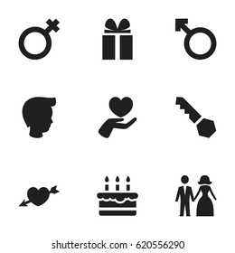 Set Of 9 Editable Family Icons. Includes Symbols Such As Woman Sign, Married, Gift And More. Can Be Used For Web, Mobile, UI And Infographic Design.