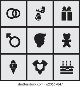Set Of 9 Editable Family Icons. Includes Symbols Such As Bodysuit, Gift, Man Emblem And More. Can Be Used For Web, Mobile, UI And Infographic Design.