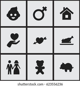 Set Of 9 Editable Family Icons. Includes Symbols Such As Home, Moneybox, Married And More. Can Be Used For Web, Mobile, UI And Infographic Design.