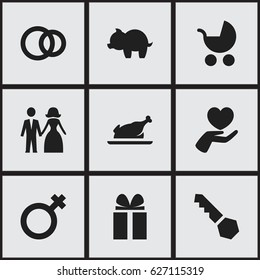 Set Of 9 Editable Family Icons. Includes Symbols Such As Woman Sign, Fried Chicken, Perambulator And More. Can Be Used For Web, Mobile, UI And Infographic Design.