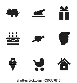 Set Of 9 Editable Family Icons. Includes Symbols Such As Home, Gift, Cold Dessert And More. Can Be Used For Web, Mobile, UI And Infographic Design.