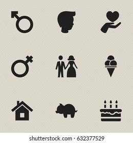 Set Of 9 Editable Family Icons. Includes Symbols Such As Cold Dessert, Moneybox, Boy And More. Can Be Used For Web, Mobile, UI And Infographic Design.