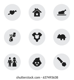 Set Of 9 Editable Family Icons. Includes Symbols Such As Bodysuit, Moneybox, Lock And More. Can Be Used For Web, Mobile, UI And Infographic Design.