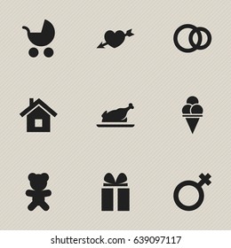 Set Of 9 Editable Family Icons. Includes Symbols Such As Fried Chicken, Hoop, Gift And More. Can Be Used For Web, Mobile, UI And Infographic Design.