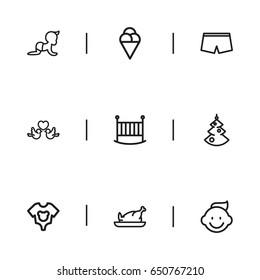 Set Of 9 Editable Family Icons. Includes Symbols Such As Dress, Lovers, Bedstead And More. Can Be Used For Web, Mobile, UI And Infographic Design.