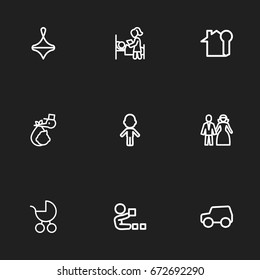 Set Of 9 Editable Family Icons. Includes Symbols Such As Key, Brings, Car And More. Can Be Used For Web, Mobile, UI And Infographic Design.