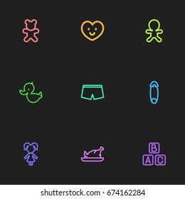 Set Of 9 Editable Family Icons. Includes Symbols Such As Roasted, Bath Toys, Doll And More. Can Be Used For Web, Mobile, UI And Infographic Design.
