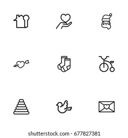 Set Of 9 Editable Family Icons. Includes Symbols Such As Clothes, Velocipede, Father Frost And More. Can Be Used For Web, Mobile, UI And Infographic Design.