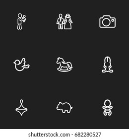 Set Of 9 Editable Family Outline Icons. Includes Symbols Such As Perambulator, Money Box, Bunny And More. Can Be Used For Web, Mobile, UI And Infographic Design.