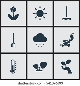 Set Of 9 Editable Farm Icons. Includes Symbols Such As Hay Fork, Temperature, Plant Protection And More. Can Be Used For Web, Mobile, UI And Infographic Design.