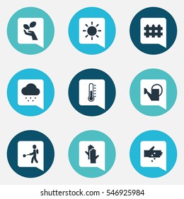 Set Of 9 Editable Farm Icons. Includes Symbols Such As Plant Protection, Wooden Barrier, Rainy Cloud And More. Can Be Used For Web, Mobile, UI And Infographic Design.