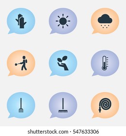 Set Of 9 Editable Farm Icons. Includes Symbols Such As Plant Spray, Farm Tool, Hosepipe And More. Can Be Used For Web, Mobile, UI And Infographic Design.