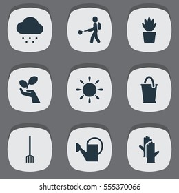 Set Of 9 Editable Farm Icons. Includes Symbols Such As Plant Protection, Pot Bush, Sunshine And More. Can Be Used For Web, Mobile, UI And Infographic Design.