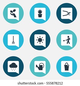 Set Of 9 Editable Farm Icons. Includes Symbols Such As Plant Cutter, Plant Protection, Rainy Cloud And More. Can Be Used For Web, Mobile, UI And Infographic Design.