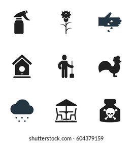 Set Of 9 Editable Farm Icons. Includes Symbols Such As Rooster, Birdhouse, Venom And More. Can Be Used For Web, Mobile, UI And Infographic Design.
