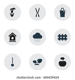 Set Of 9 Editable Farm Icons. Includes Symbols Such As Bucket, Spade, Lily And More. Can Be Used For Web, Mobile, UI And Infographic Design.