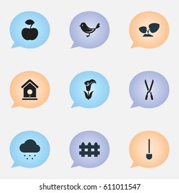 Set Of 9 Editable Farm Icons. Includes Symbols Such As Fresh Fruit, Lily, Wooden Barrier And More. Can Be Used For Web, Mobile, UI And Infographic Design.