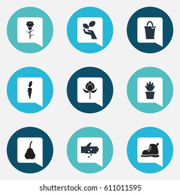 Set Of 9 Editable Farm Icons. Includes Symbols Such As Root Vegetable, Bucket, Pot Bush And More. Can Be Used For Web, Mobile, UI And Infographic Design.