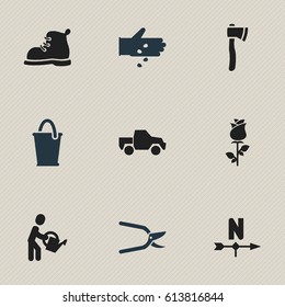 Set Of 9 Editable Farm Icons. Includes Symbols Such As Van, Plant Cutter, Footwear And More. Can Be Used For Web, Mobile, UI And Infographic Design.