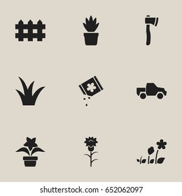 Set Of 9 Editable Farm Icons. Includes Symbols Such As Wooden Barrier, Plant Pot, Pot Bush And More. Can Be Used For Web, Mobile, UI And Infographic Design.
