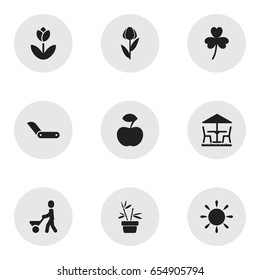Set Of 9 Editable Farm Icons. Includes Symbols Such As Man With Trolley, Sunshine, Clasp Knife And More. Can Be Used For Web, Mobile, UI And Infographic Design.