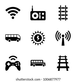  set of 9 editable filled icons such as railway, radio, wi-fi, joystick, sun battery, signal tower, airport bus