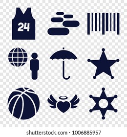 set of 9 editable filled icons such as basketball, bar code, heart angel wings, globe and man, sheriff, sport t shirt number 24, spa stone