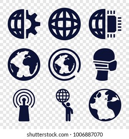 set of 9 editable filled icons such as medical mask, planet, signal, clobe gear