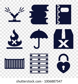 set of 9 editable filled icons such as book, question box, heart lock, notebook, watering system, umbrella, cargo box