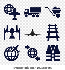 set of 9 editable filled icons such as truck, box, globe and plane, qround the globe, railway, life vest, plane