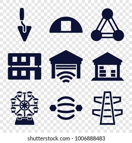set of 9 editable filled  icons such as connection, atom interaction, cargo barn, house building, garage, trowel, pylon