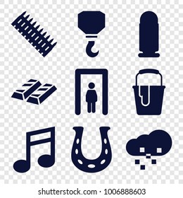 set of 9 editable filled icons such as metal gate detector, hook, paint bucket, gold, horseshoe, defragmentation, bullet, ammo
