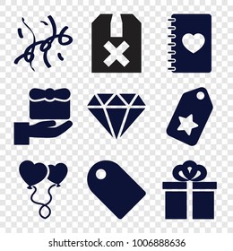  set of 9 editable filled icons such as diamond, tag, gift, notebook with heart, heart balloons, confetti