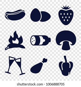 set of 9 editable filled icons such as sausage, chili, pepper, hot dog, meat leg, wine glass, strawberry, egg