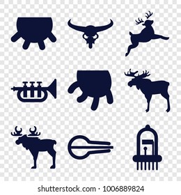 set of 9 editable filled icons such as udder, moose, bull skull, musical instrument, trumpet